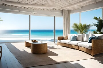 Fototapeta na wymiar A beach house living room with white-washed walls, rattan furniture, and a view of the ocean.