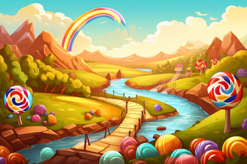 Cartoon landscape with wooden bridge over the river and colorful lollipops