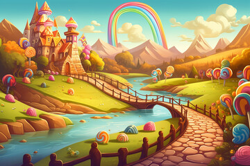 Cartoon landscape with wooden bridge over the river and colorful lollipops