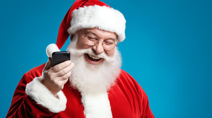 ELDERLY FAIRYTALE GRANDFATHER SANTA CLAUS WITH SMARTPHON, HORIZONTAL IMAGE. image created by legal AI
