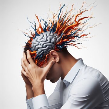 Headache concept, young man with a shirt holding his head, brain illustration with colorful exploding tendrils