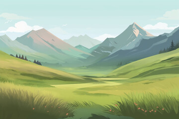 Fototapeta premium Landscape with mountains, hills and meadows. Vector illustration.
