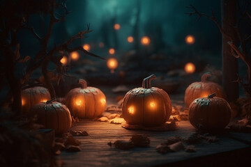 Naklejka na ściany i meble Halloween pumpkins on dark background. Selective focus. Holiday concept