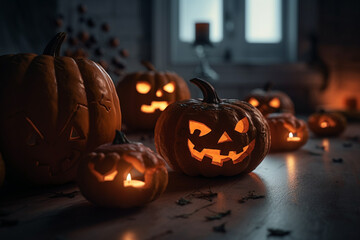 Halloween pumpkins on dark background. Selective focus. Holiday concept