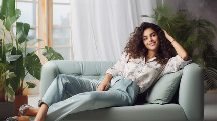 Obraz premium HISPANIC YOUNG WOMAN IN A RELAXED POSE RESTING ON A COMFORTABLE SOFA. HORIZONTAL IMAGE. image created by legal AI