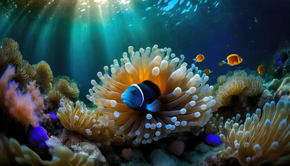 Naklejka na ściany i meble undersea , photography concept, beautiful underwater life with scuba anemone