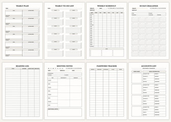 Minimalist planner pages templates. Yearly Plan,Yearly To-Do List,Weekly Scheduly,30 Day Challenge,Reading Log,Meeting Notes,Password Tracker,Accounts List,