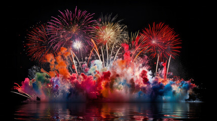 Vibrant fireworks in various colors adorn the night sky, suitable for the New Year and other celebrations