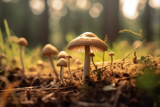 Closeup of mushroom in field with blurred backdrop. Generative AI