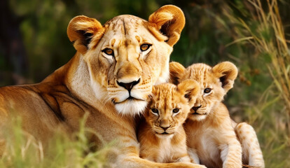 Fototapeta na wymiar Portrait of a female lion with two cubs