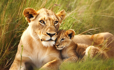 Close up of a female lion with a cub