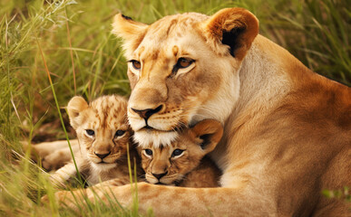 Close up of a female lion with two cubs - obrazy, fototapety, plakaty