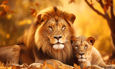 Cute portrait of a male lion and female lioness - obrazy, fototapety, plakaty