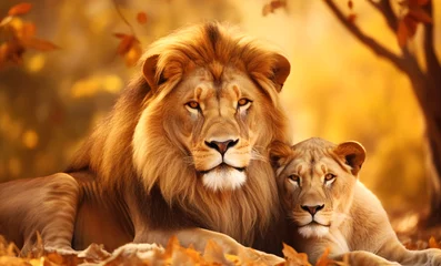 Poster Cute portrait of a male lion and female lioness © giedriius
