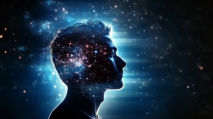 A MAN MEDITATES, FANTASIZES AGAINST THE BACKGROUND OF THE STARRY SKY. image created by legal AI