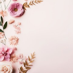 Naklejka na ściany i meble A dreamy top-view flat lay featuring a delicate arrangement of flowers on a gentle, light background, crafting a serene and inviting space for text or focal elements in the empty area.