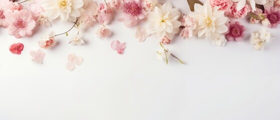 A dreamy top-view flat lay featuring a delicate arrangement of flowers on a gentle, light background, crafting a serene and inviting space for text or focal elements in the empty area.
