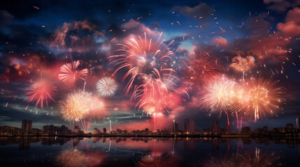 Vibrant fireworks in various colors adorn the night sky, suitable for the New Year and other celebrations