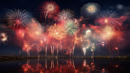 Obraz premium Vibrant fireworks in various colors adorn the night sky, suitable for the New Year and other celebrations