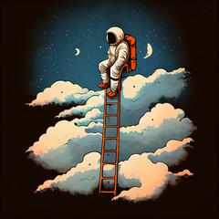 a cartoon astronaut climbing a ladder to the sky, generative ai