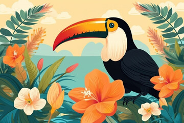 Obraz premium Tropical summer background with ice cream and flowers. 3d rendering