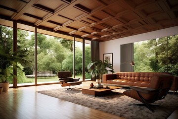 3D rendering of a contemporary living room with wooden floors, wood lattice ceiling, brown leather furniture, and open doors overlooking a garden. Generative AI