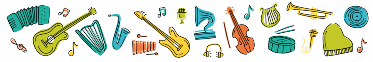Vector horizontal collection of musical instruments hand-drawn in doodle style