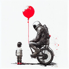 an astronaut and a little kid with red balloon and bicycle, generative ai