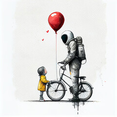 an astronaut and a little kid with red balloon and bicycle, generative ai