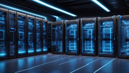 Shot of Corridor in Working Data Center Full of Rack Servers and Supercomputers

