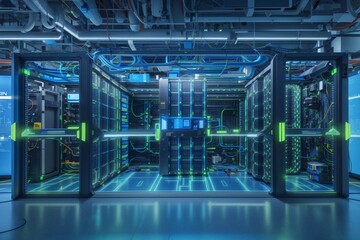 Shot of Corridor in Working Data Center Full of Rack Servers and Supercomputers
