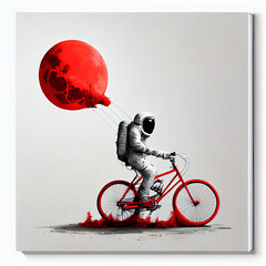 an astronaut on a red bicycle with red balloon, generative ai