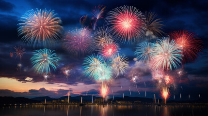 Vibrant fireworks in various colors adorn the night sky, suitable for the New Year and other celebrations - obrazy, fototapety, plakaty