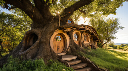 映画に出てくるような木をくり抜いて作った玄関のドアが丸の家の小人の写真