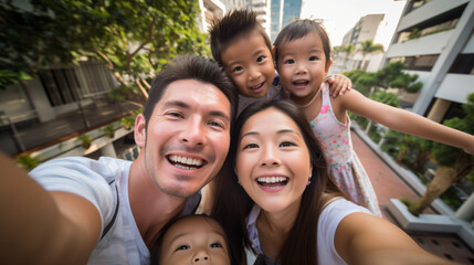 街中で自撮りする仲良しのアジア系の父母息子娘の4人家族 - obrazy, fototapety, plakaty