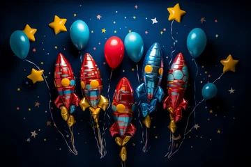 Poster space birthday party: colorful space rocket shape foil balloons on a dark blue background © World of AI