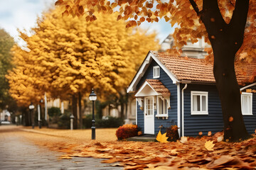 small house with autumn background, leaf fall on street, with copy space, front view, AI generated.