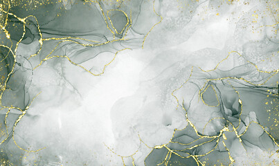 green alcohol ink graceful abstract ink flow art mixed with gold patterns with a translucent background.