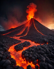 Dramatic scene of a volcanic eruption, spews a large plume of smoke and ash into the dark, cloudy sky. lava flows down the sides of the volcano,