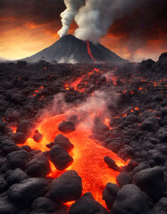 Terrifying spectacle of a volcanic eruption. Bright, glowing lava cascades down the mountain, creating a river of molten rock that winds its way through a field of ash-covered rocks. 