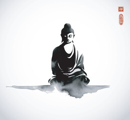 Ink wash painting of Buddha in meditation. Traditional oriental ink painting sumi-e, u-sin, go-hua. Translation of hieroglyph - zen - obrazy, fototapety, plakaty