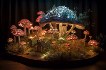 Mushroom garden in the shape of a house. Decorated with mushrooms