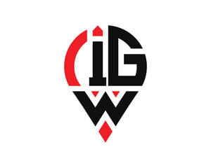 IGW letter location shape logo design. IGW letter location logo simple design.