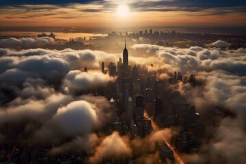 Aerial view of New York City with a moon amidst smokey clouds. Generative AI