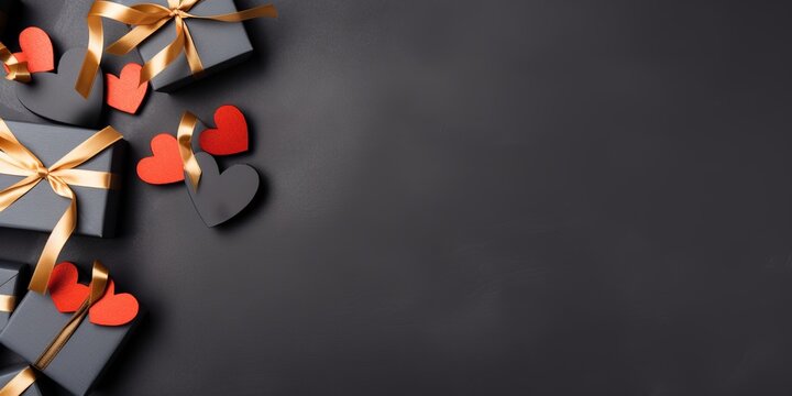 Expressive flat lay featuring presents adorned with decorative ribbons and a unique ribbon heart, elegantly arrayed on a subtle gray backdrop, exemplifying a shopping and Black Friday theme