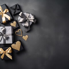 Expressive flat lay featuring presents adorned with decorative ribbons and a unique ribbon heart, elegantly arrayed on a subtle gray backdrop, exemplifying a shopping and Black Friday theme