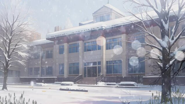 closed school or university building in the snowy winter. Cartoon or anime watercolor painting illustration style. seamless looping 4K time-lapse virtual video animation background.