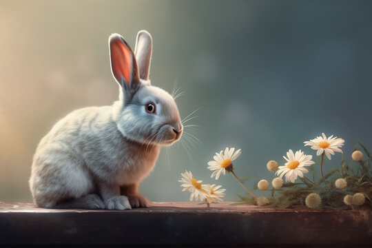 Fototapeta Rabbit in the meadow with dandelions. Easter background