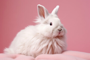 Obraz premium Cute white rabbit on a pink background. Animal portrait. Studio shot.