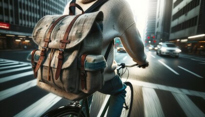 Fototapeta na wymiar a cyclist navigating through an urban setting. The cyclist's backpack